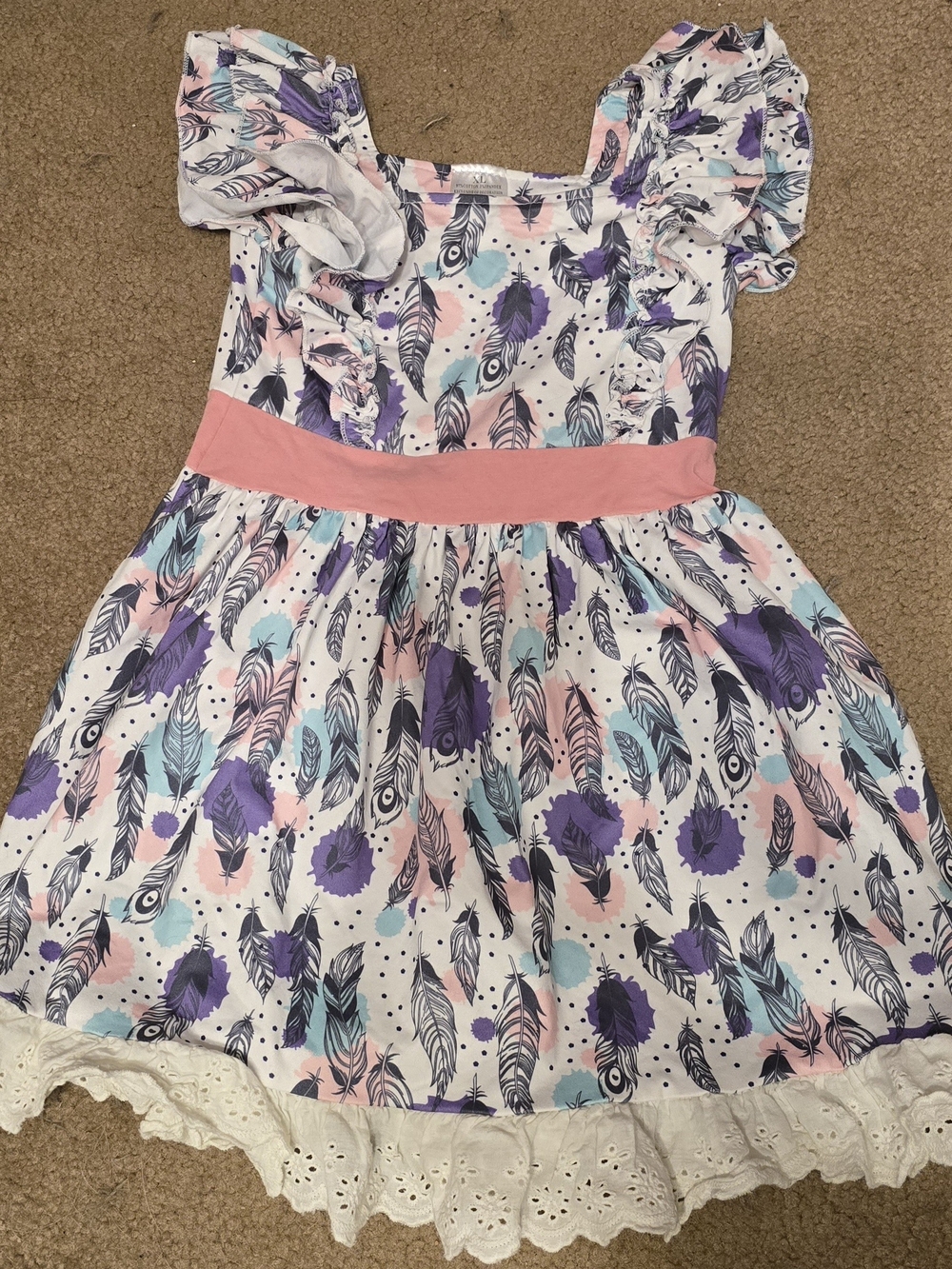 Girls White Feather-Print Dress with Pink Waistband and Ruffle Hem